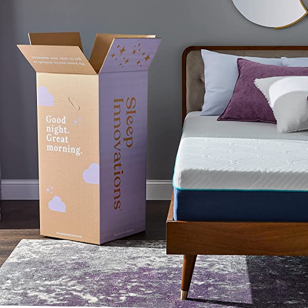 Sleep Innovations Hudson Hybrid Cooling Memory Foam Innerspring Mattress, 12 Inches, Queen Blue and White Queen 12 Inch Hybrid Mattress