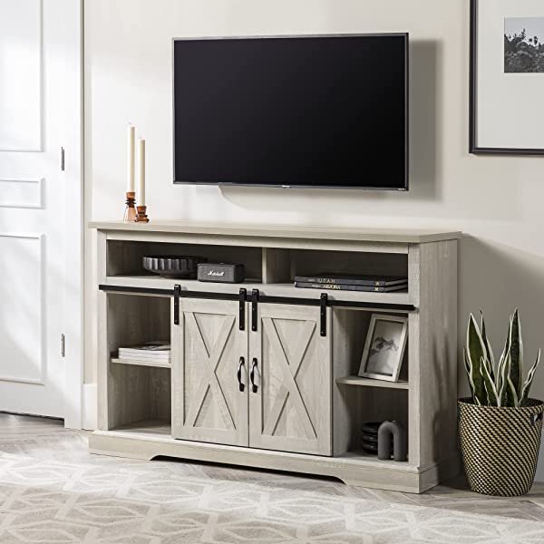 Walker Edison Richmond modern farmhouse sliding barn door TV stand for up to 52 inches, white and rustic oak white without fireplace 52 inches TV