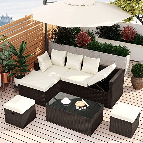 AWQM 5 Pieces Patio Furniture Sets All Weather Outdoor Sectional Sofa Manual Weaving Wicker Rattan Patio Conversation Set with Cushion and Glass Table, Brown 5 Piece Patio Furniture Sets