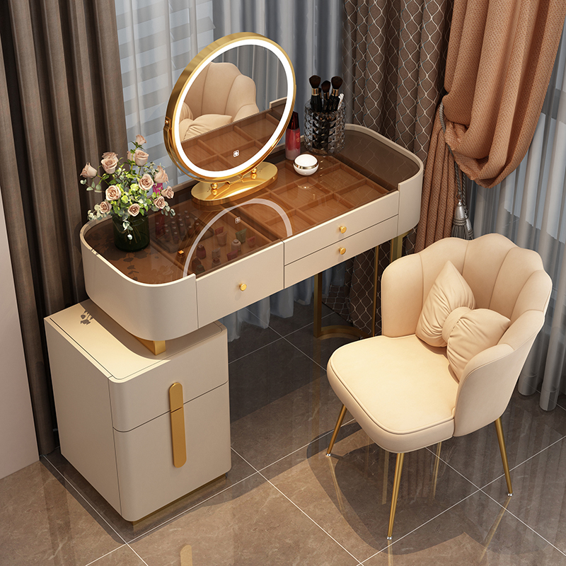 Nordic Dressing Table with Mirror, Stool & 3 Light Effect LED Mirrors, Golden Iron Dresser