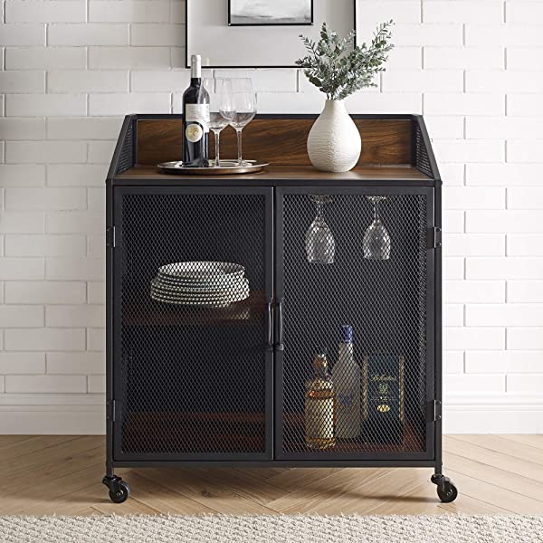 Walker Edison Malcomb Urban Industrial Metal Mesh Double Door Rolling Bar Cabinet, 33 Inch, Rustic Oak Rustic Oak 33 Inch