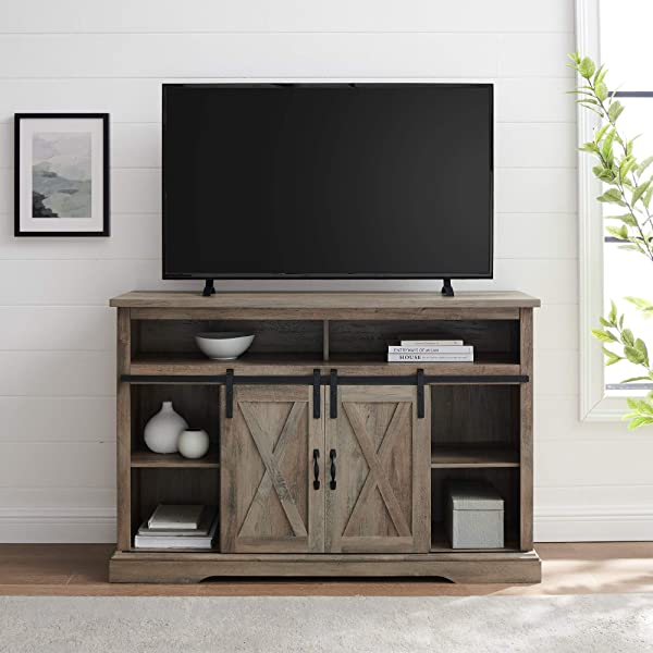 Walker Edison Richmond modern farmhouse sliding barn door TV stand for up to 52 inches, white and rustic oak white without fireplace 52 inches TV