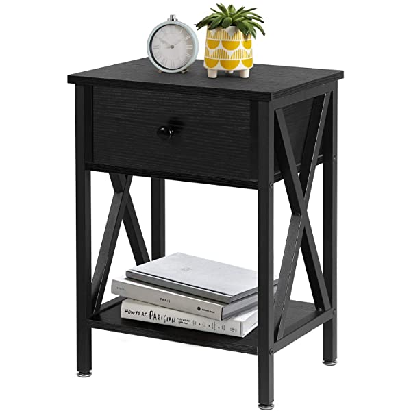 VECELO Modern Versatile Nightstands X-Design Side End Table Night Stand Storage Shelf with Bin Drawer for Living Room Bedroom, Brown+Black Brown+black Modern