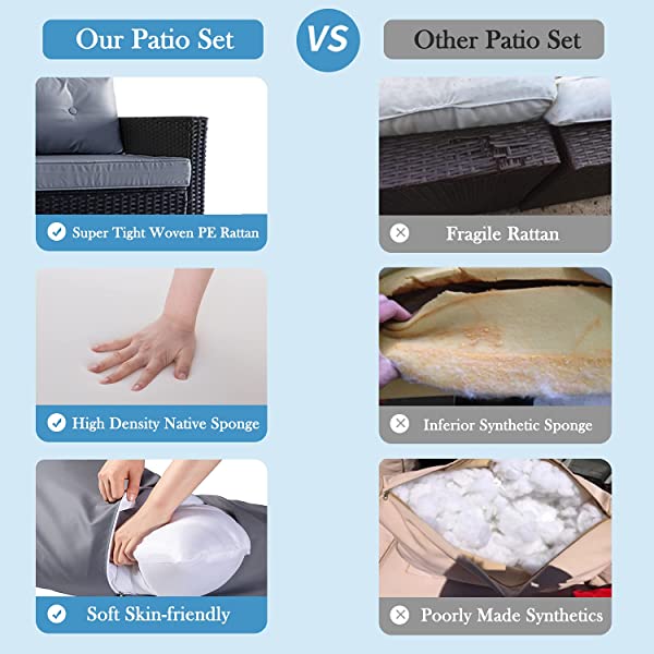 Allewie Dark Grey Patio Conversation Set, 3 Pieces PE Wicker Rattan Outdoor Furniture Set, Lounge Sofa and Loveseat with Cushions, Tempered Glass Coffee Table (Black & Dark Grey) Dark Grey & Black