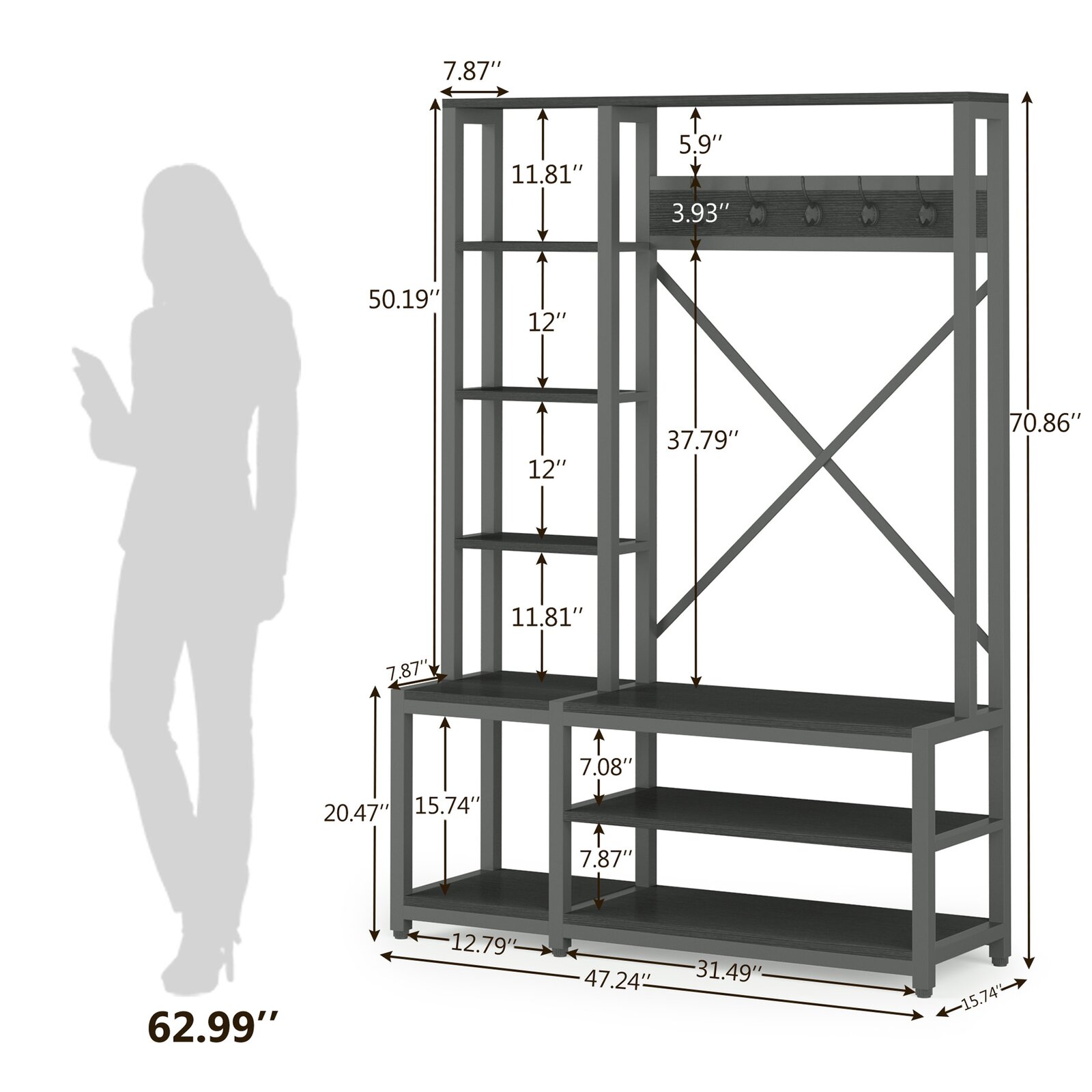 【Furniture】Emelyne 47.2'' Wide Iron Hall Tree with Bench and Shoe Storage