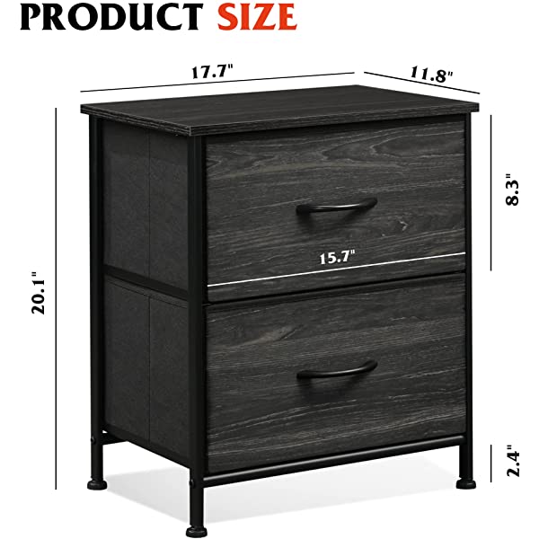 WLIVE Nightstand with 2 Fabric Drawers, Bedside Furniture & End Table Dresser for Bedroom, Living Room, Steel Frame, Wood Top, Easy Pull Handle Charcoal Gray