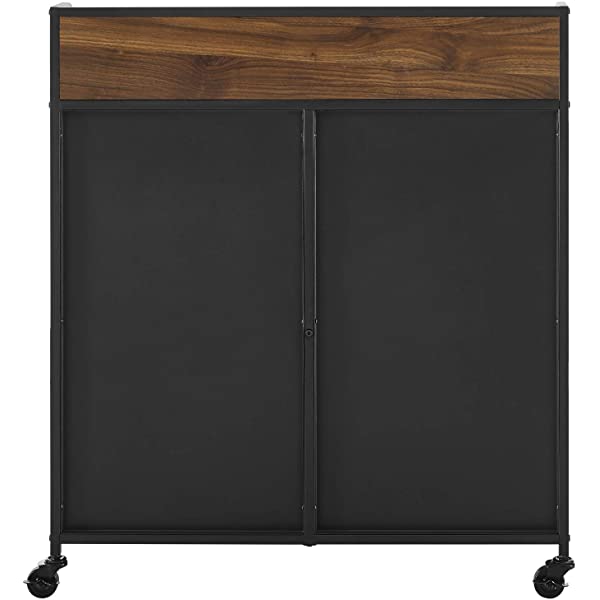 Walker Edison Malcomb Urban Industrial Metal Mesh Double Door Rolling Bar Cabinet, 33 Inch, Rustic Oak Rustic Oak 33 Inch