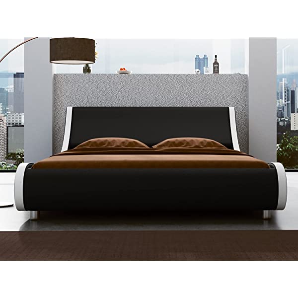SHA CERLIN King Size Platform Bed, Faux Leather Low Profile Sleigh Bed Frame with Adjustable Headboard, Wood Slat Support, Black & White Black + White King