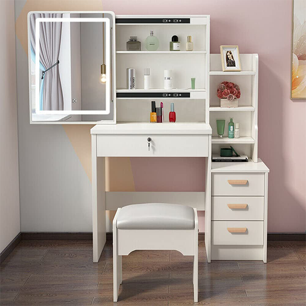 saicheng modern dressing table set with sliding illuminated mirror, makeup white dressing table with 4 storage drawers, dressing table and cushion stool set