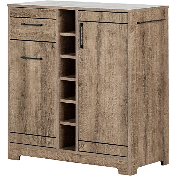 South Shore Bar Cabinet with Bottle and Glass Storage, Black Oak Black Oak Bar Cabinet