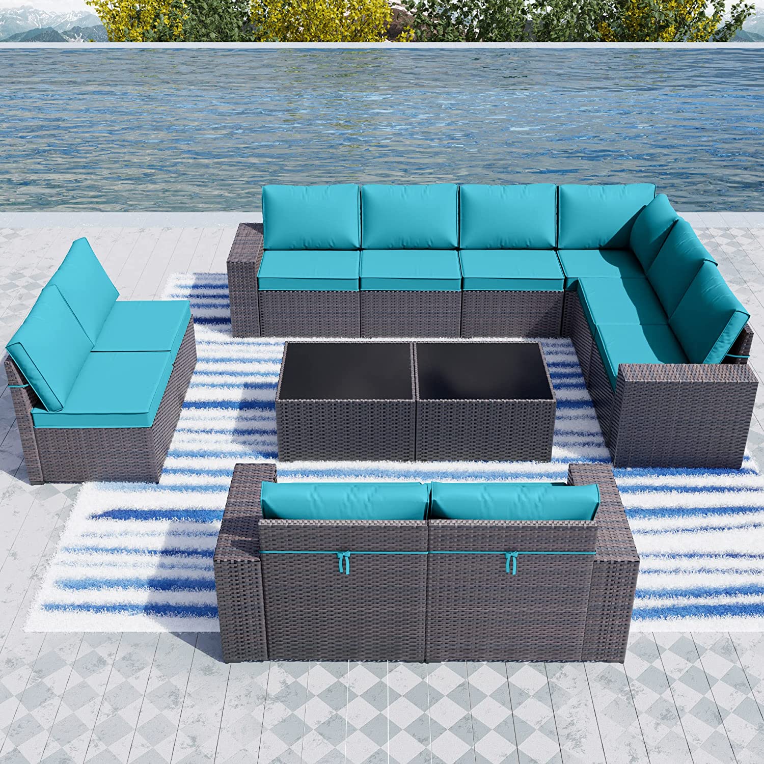 【Furniture】Outdoor Patio Furniture Set 12 Pcs Sectional Rattan Sofa Set Brown PE Wicker Patio Conversation Set