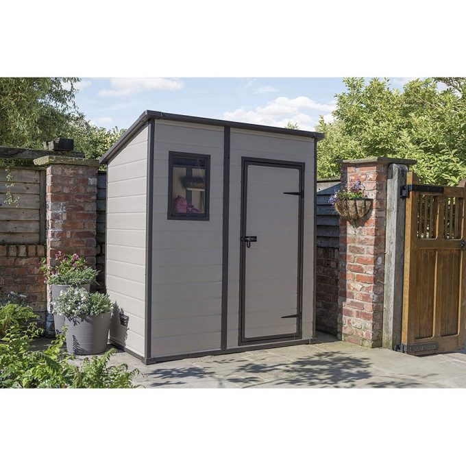 Keter Manor Outdoor Pent Single Door Garden Storage Shed 6 x 4ft Beige Brown Wood Effect Fade Free All Weather Resistant Safe And Secure Zero Maintenance 15 year Warranty