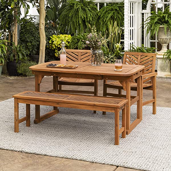 Walker Edison 5 Person Outdoor Wood Chevron Patio Furniture Dining Set Table Chairs Bench All Weather Backyard Conversation Garden Poolside Balcony, 4 Piece, Brown Brown 4 Piece Dining Set