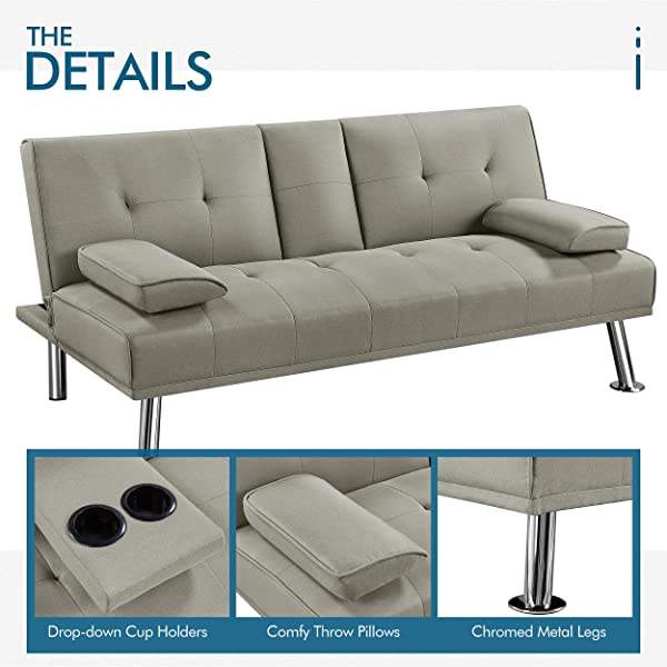 YAHEETECH Linen Fabric Modern Sofa Bed Sectional Couch Bed Folding Recliner Sleeper Reversible Loveseat Convertible Daybed, 2 Cup Holders, 3 Angles, 772lb Capacity, Removable Armrests, Dark Gray