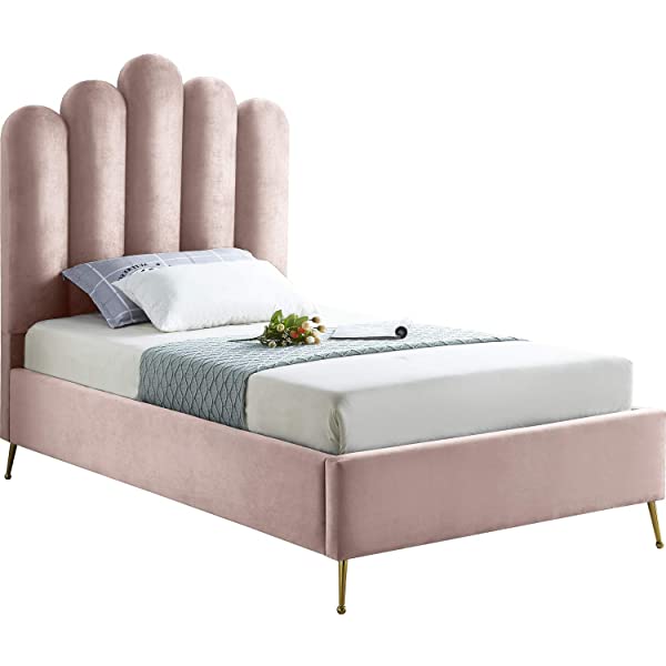 Meridian Furniture Lily Collection Modern | Contemporary Velvet Upholstered Bed with Deep Channel Tufting and Custom Gold Steel Legs, Queen, Cream Cream Queen