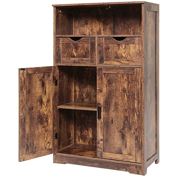 IWELL Large Storage Cabinet with 2 Adjustable Drawers & 2 Shelf, 42.5”H x 23.6”L x 11.8”W, Floor Storage Cabinet with Double Door, Sideboard, Cupboard for Living Room, Home Office, Rustic Brown