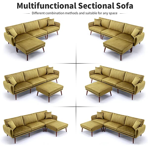 JOMEED Convertible Sectional Sofa Bed with Adjustable Backrest Modern Velvet Fabric L-Shaped Couch with Extra 2 Pillows Wide Chaise Lounge for Living Room (Orange)