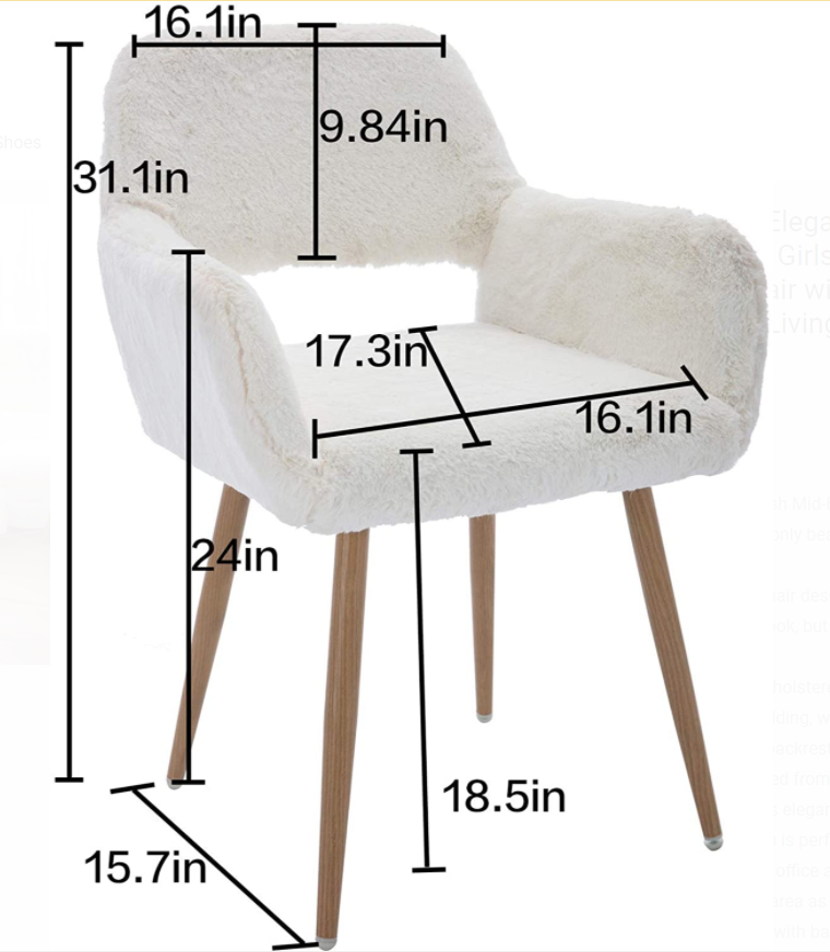 SSLine Faux Fur Vanity Chair Elegant White Furry Makeup Desk Chairs for Girls Women Modern Comfy Fluffy Arm Chair with Wood Look Metal Legs in Bedroom Living Room