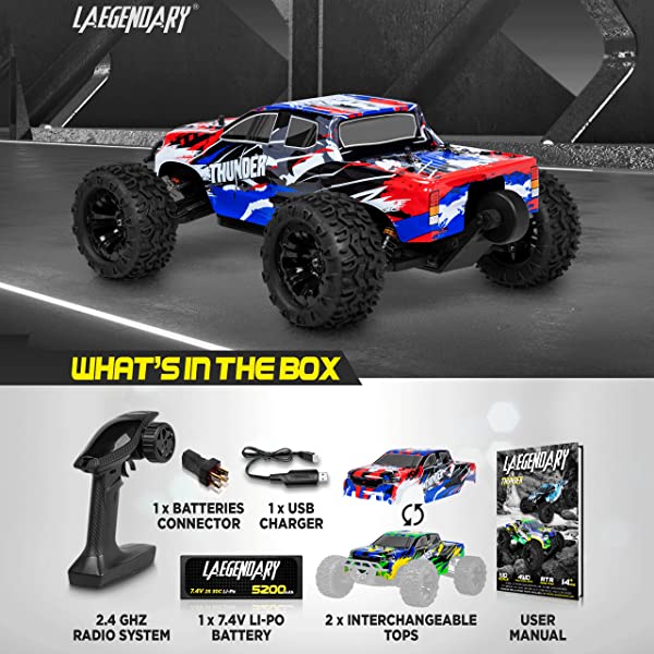 1:10 Scale Large RC Cars 50+ kmh Speed - Boys Remote Control Car 4x4 Off Road Monster Truck Electric - Hobby Grade Waterproof Toys Trucks for Kids and Adults - 2 Batteries + Connector for 40+ Min Play Black - Red 1:10 Scale 31 mph