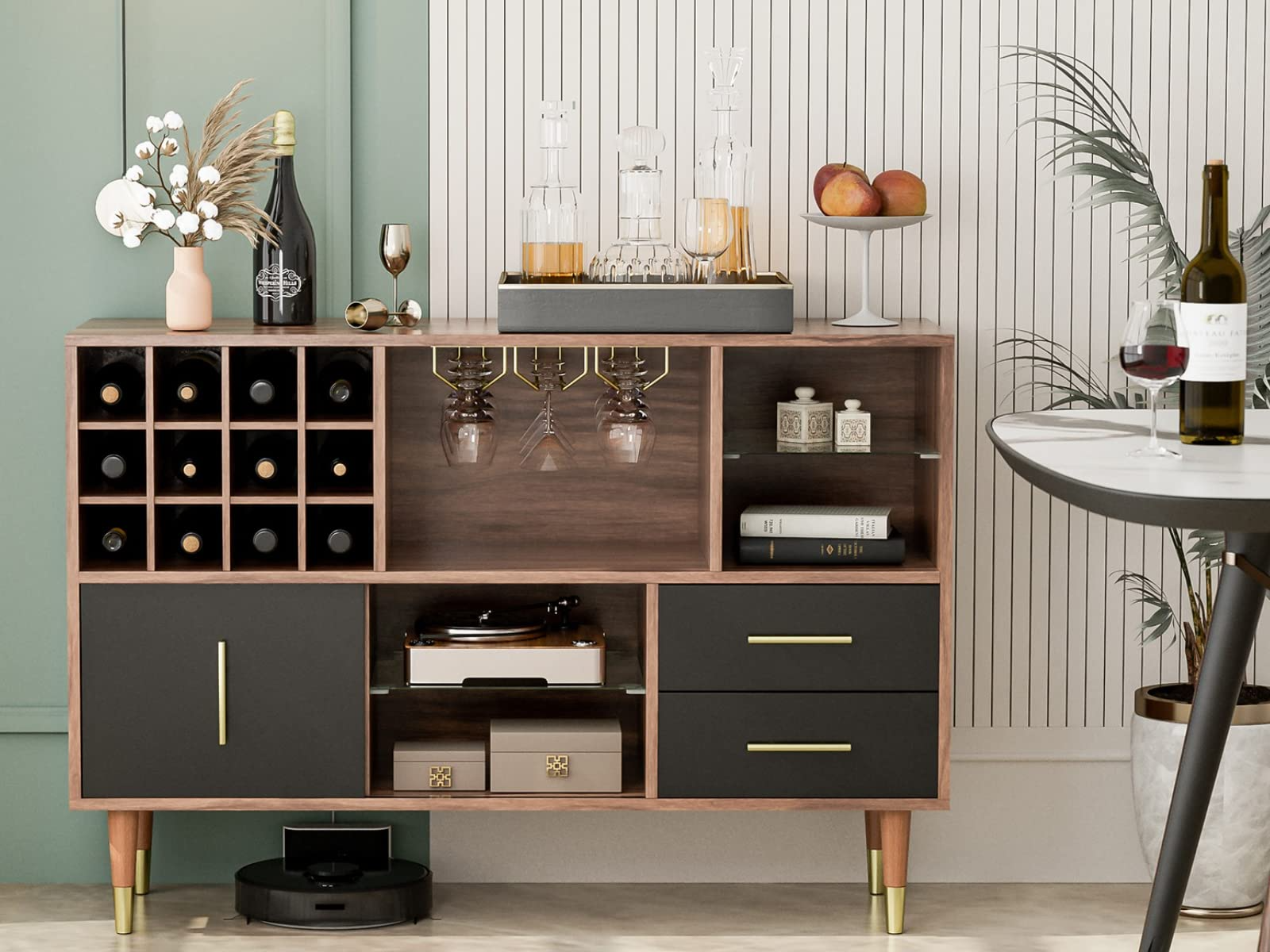 【Furniture】Accent Kitchen Buffet Sideboard with Storage, Wood Cabinet Server Cupboard with 12 Wine Bottle Rack