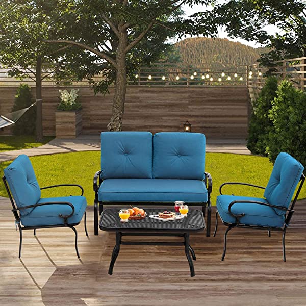 Oakmont Outdoor Furniture Patio Conversation Set Loveseat, 2 Chairs, Coffee Table with Cushion, Lawn Front Porch Garden, Metal Chair Set Wrought Iron Look (Red)