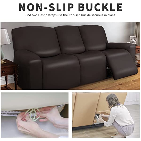 Easy-Going PU Leather Recliner Sofa Slipcovers, Waterproof Stretch Sofa Covers, 8 Pieces Stretch Furniture Protector, Elastic Strap Shield Pets Kids Children Cats Dogs Beige