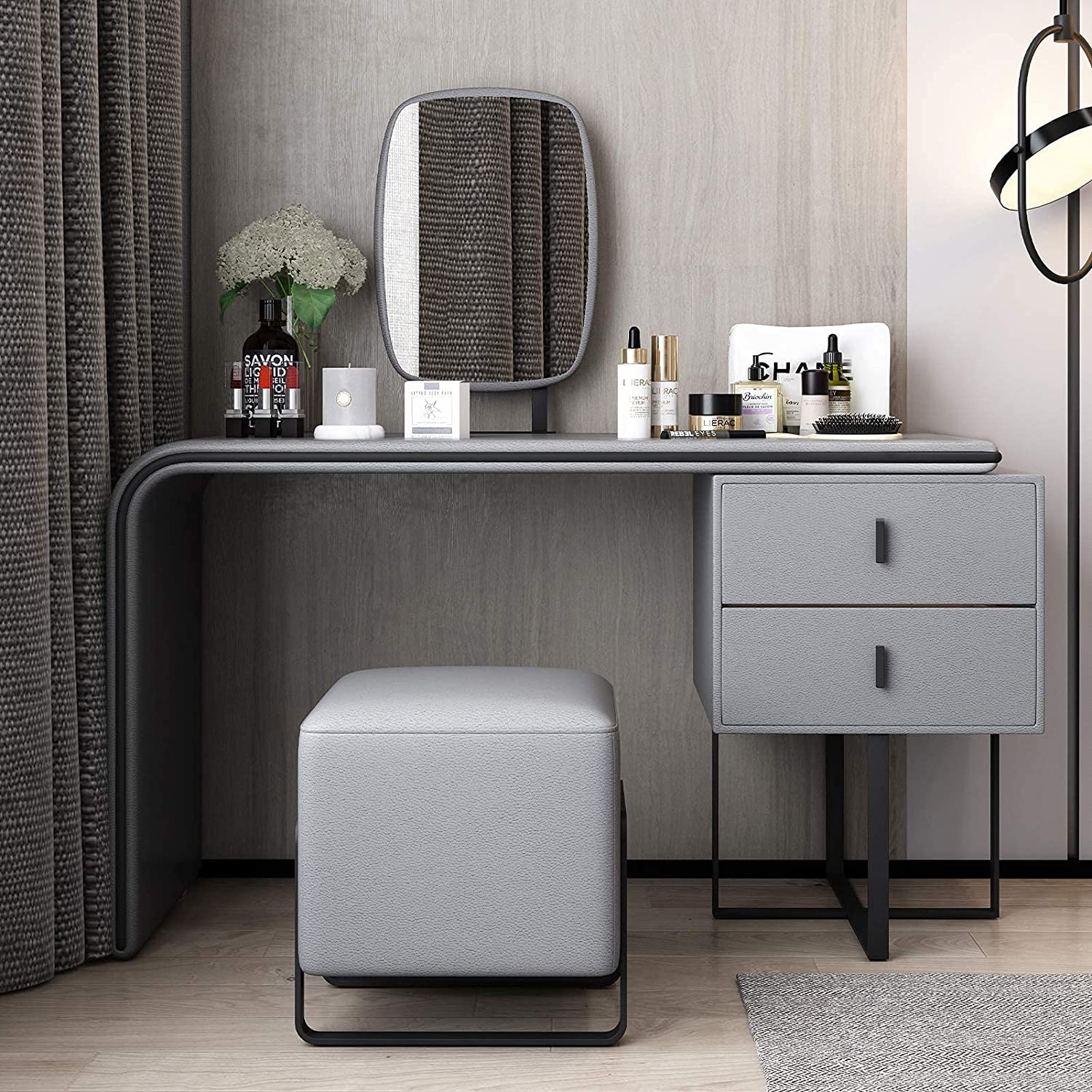 FUKAYI Modern Vanity Set with Lighted Mirror, Makeup Dressing Table with 2 Large Drawer and PU Stool, Dresser Table for Women