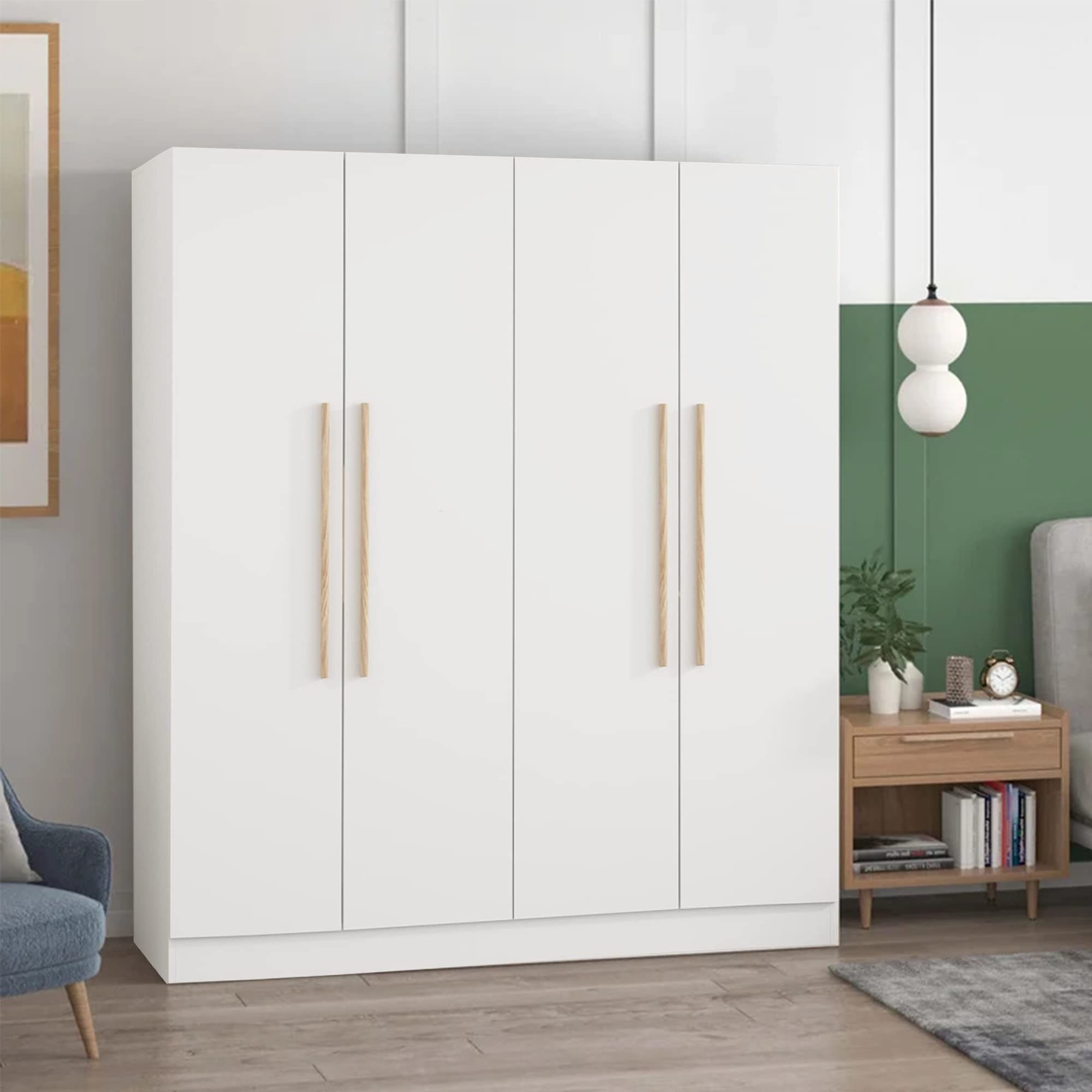 【Furniture】4 Doors Wardrobe Closet, Large Freestanding Wardrobe Cabinet with Storage Compartment & Hanging Rod