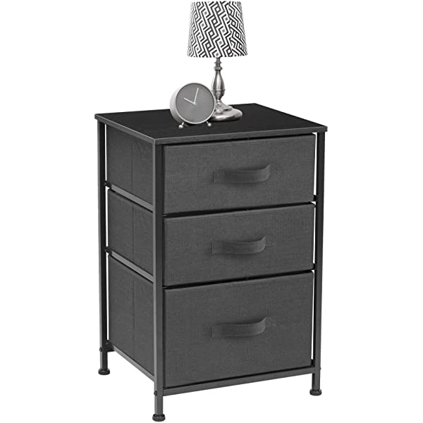 Sorbus Nightstand with 3 Drawers - Bedside Furniture & Accent End Table Chest for Home, Bedroom Accessories, Office, College Dorm, Steel Frame, Wood Top, Easy Pull Fabric Bins (Gray) Grey