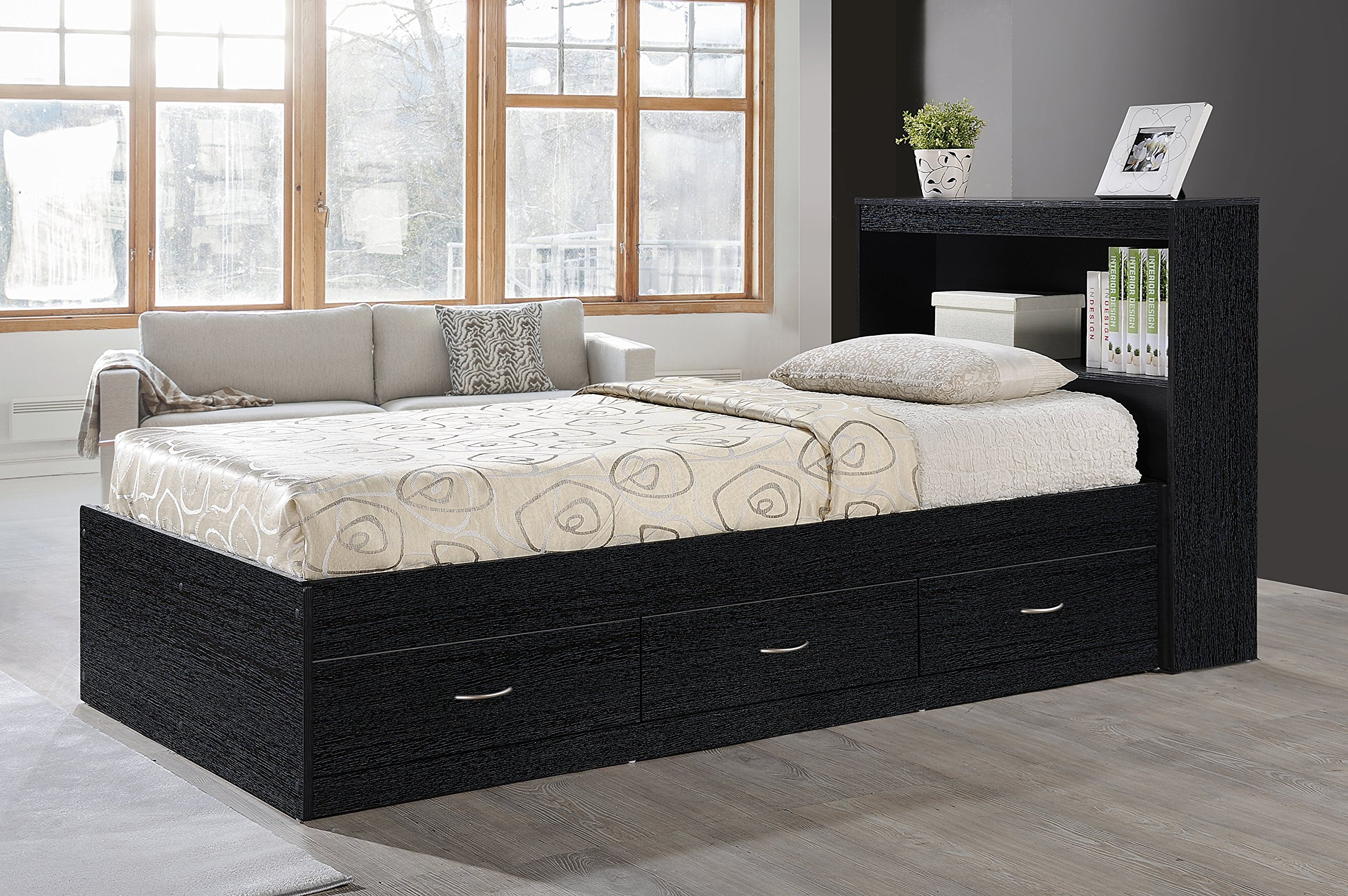 【Furniture】Hodedah Twin-Size Captain Bed with 3-Drawers and Headboard in Black