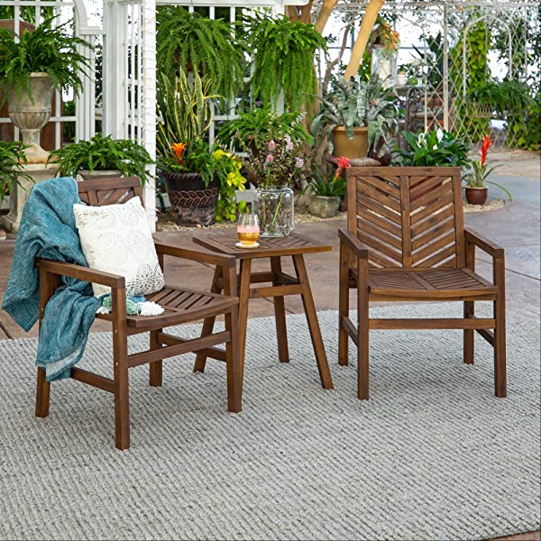 Walker Edison 5 Person Outdoor Wood Chevron Patio Furniture Dining Set Table Chairs Bench All Weather Backyard Conversation Garden Poolside Balcony, 4 Piece, Brown Brown 4 Piece Dining Set