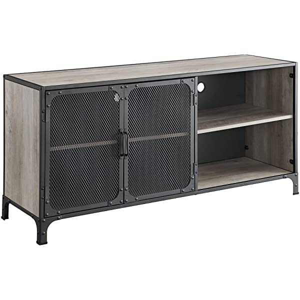 Walker Edison Malcomb Urban Industrial Metal Mesh Double Door Rolling Bar Cabinet, 33 Inch, Rustic Oak Rustic Oak 33 Inch