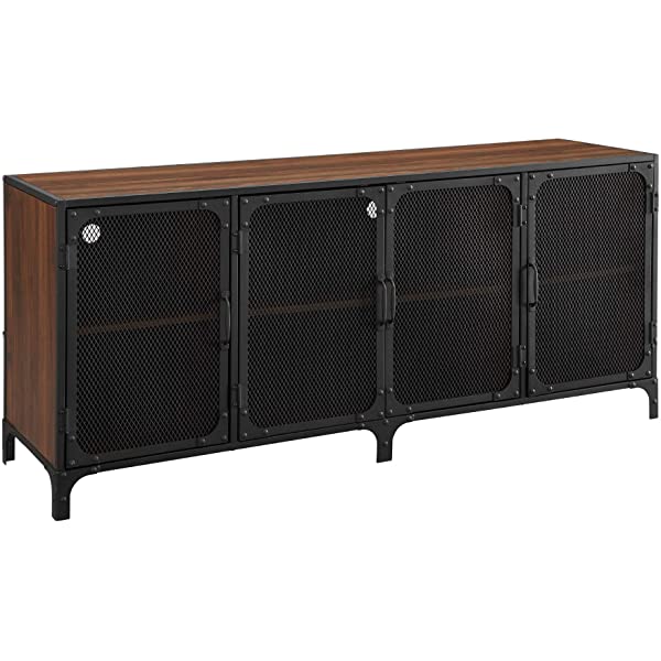 Walker Edison Malcomb Urban Industrial Metal Mesh Double Door Rolling Bar Cabinet, 33 Inch, Rustic Oak Rustic Oak 33 Inch