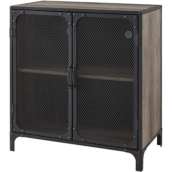 Walker Edison Malcomb Urban Industrial Metal Mesh Double Door Rolling Bar Cabinet, 33 Inch, Rustic Oak Rustic Oak 33 Inch