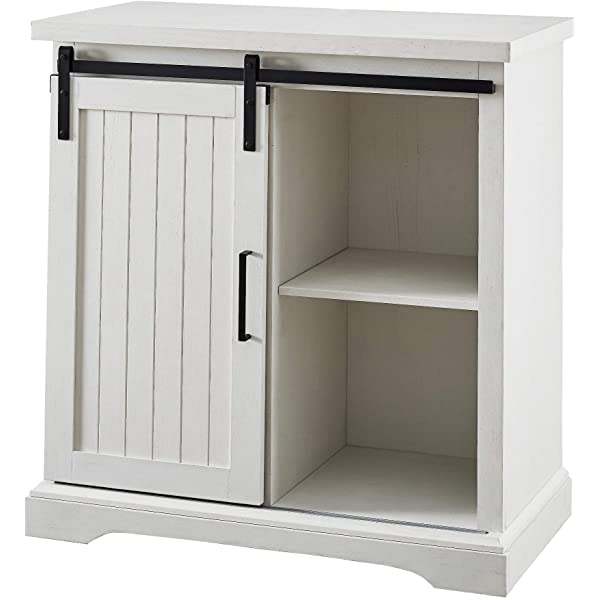 Walker Edison Beaumont Modern Farmhouse Sliding Slat Door Storage Cabinet, 32 Inch, White Oak White Oak Groove Door Cabinet
