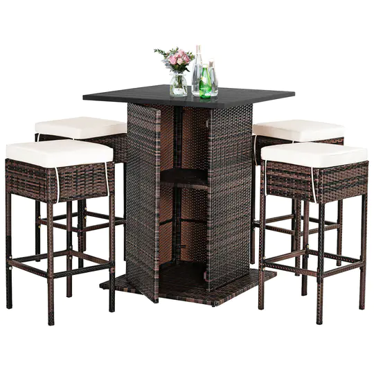 【Home&Garden】Patiojoy 5PCS Patio Rattan Bar Table Stool Set Hidden Storage Shelf Soft HW68244+
