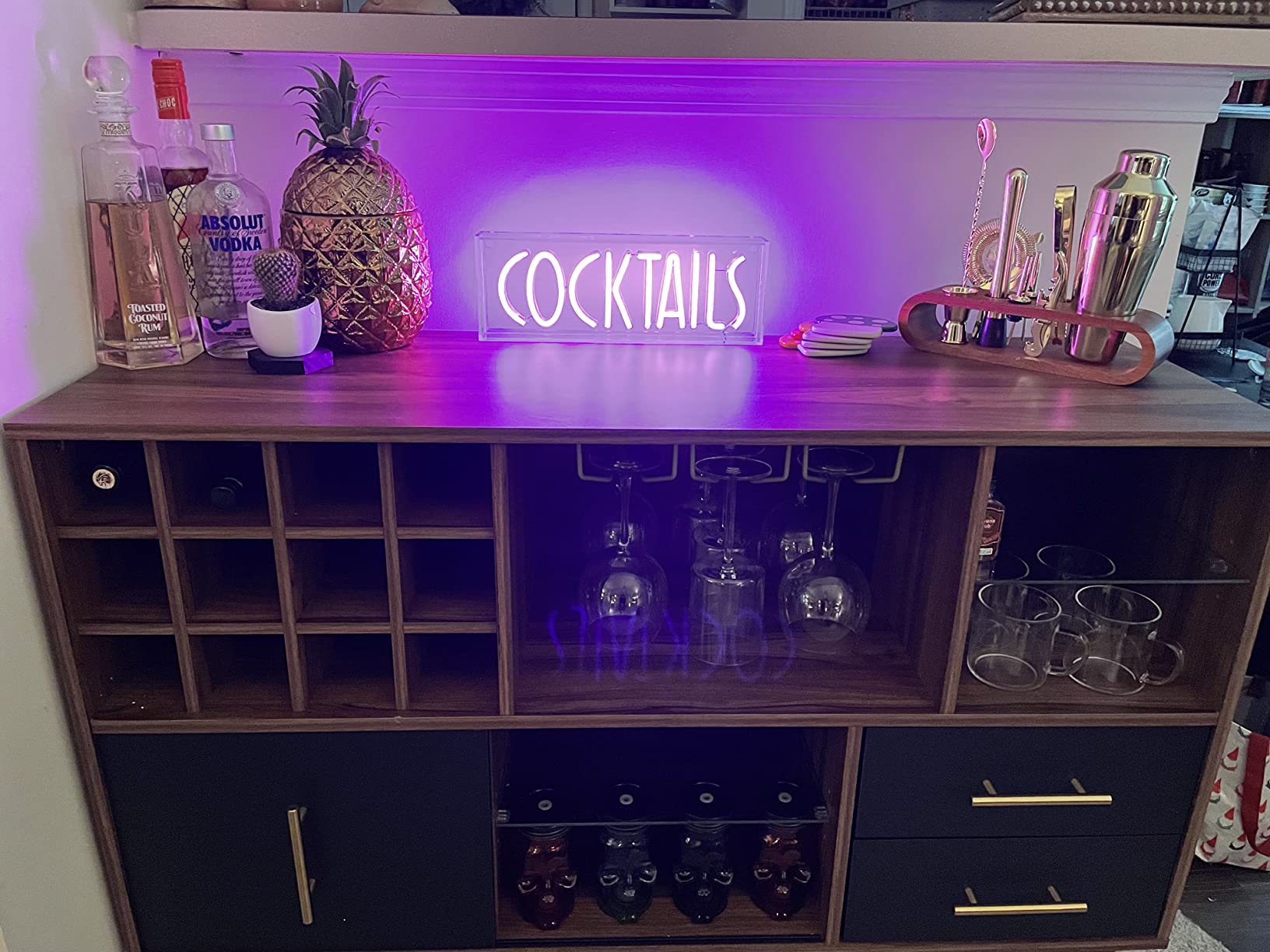 【Furniture】Accent Kitchen Buffet Sideboard with Storage, Wood Cabinet Server Cupboard with 12 Wine Bottle Rack