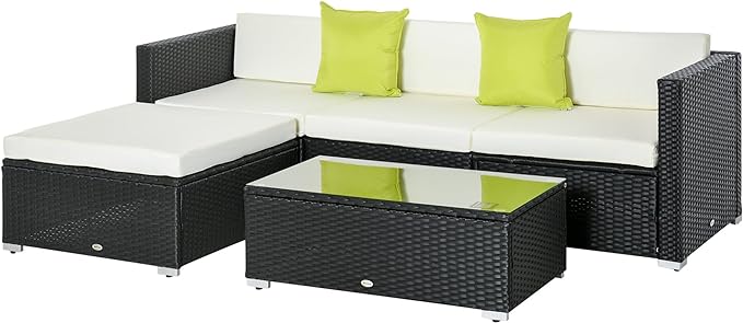 Outsunny 5 Pieces PE Rattan Garden Furniture Set with Cushions, Outdoor Corner Sofa, Patio Sectional Conversation Furniture Sets with Glass Top Coffee Table, Black