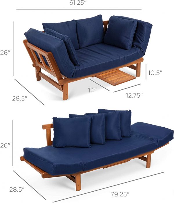 Best Choice Products Outdoor Convertible Acacia Wood Futon Sofa Furniture for Patio, Balcony, Poolside, Backyard w/Pullout Tray, Removable Weather-Resistant Cushion & 4 Pillows – Navy Blue