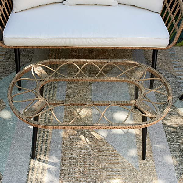 Quality Outdoor Living 65-YZ03HM Hermosa 3 Piece Chat Set, Tan Wicker + Linen Cushions 3-Piece Chat Set (Linen Cushions)