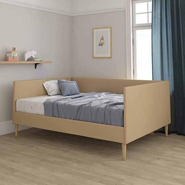 DHP Franklin Mid Century Upholstered Daybed, Sofa Bed, Twin Size Frame, Tan Linen Linen Twin Tan