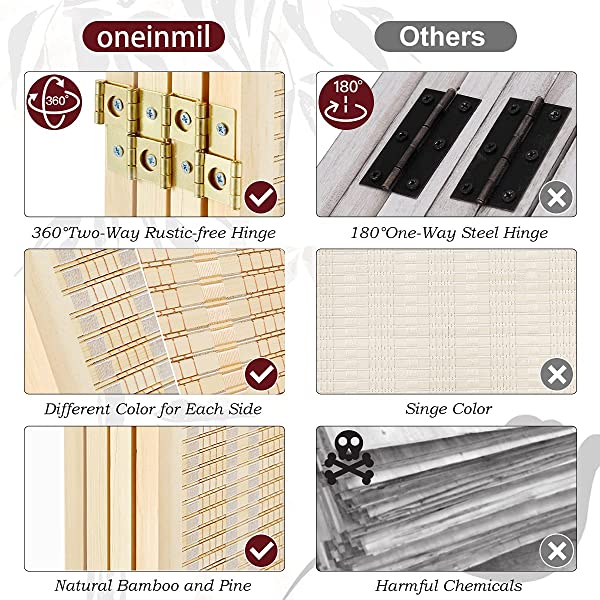 oneinmil Bamboo Room Divider, Semi-Private Folding Portable Partition Screen with Two-Way Hinge, Handmade Bamboo and Wood, 6 Panel