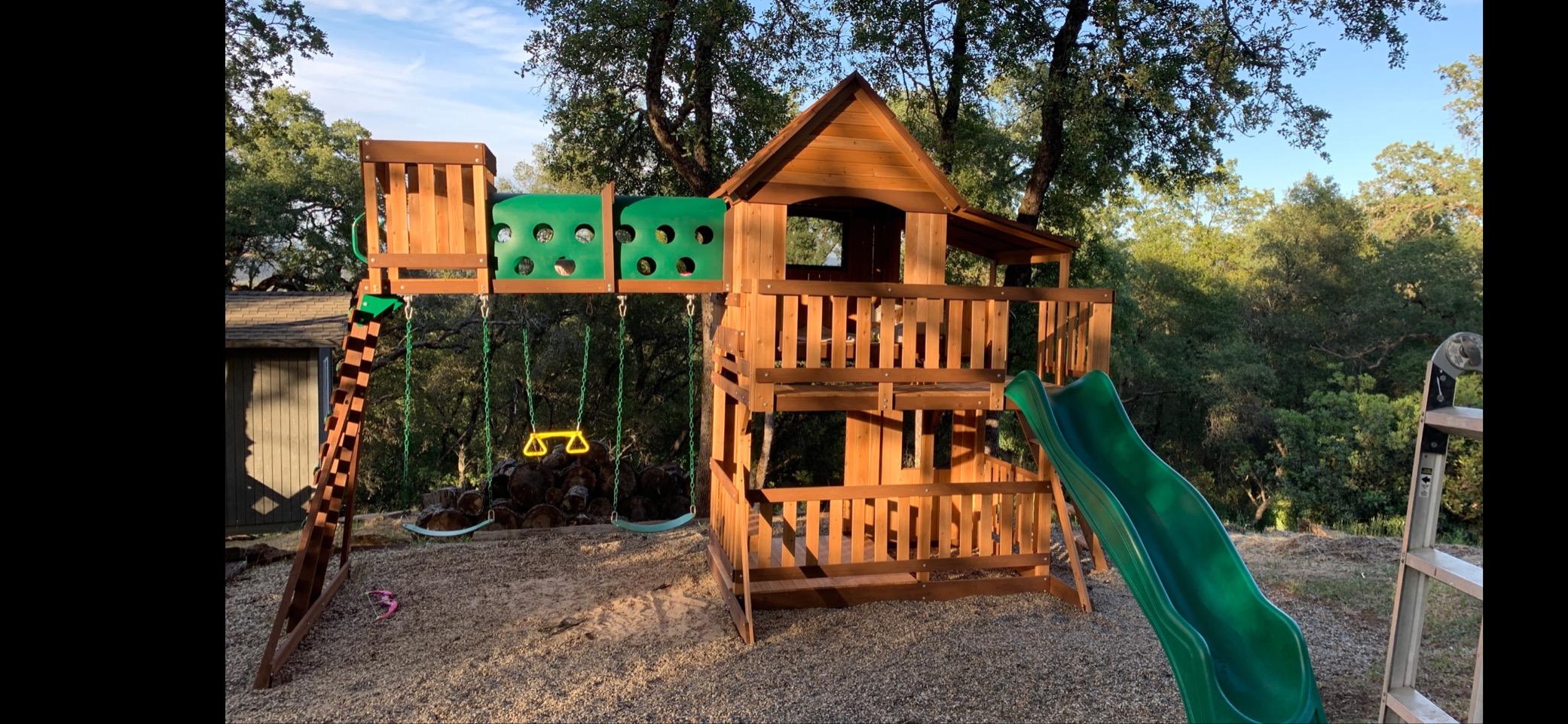 Woodridge Elite All Cedar Wood Swing Set, Upper and Lower Deck, Sandbox, Vented Tunnel