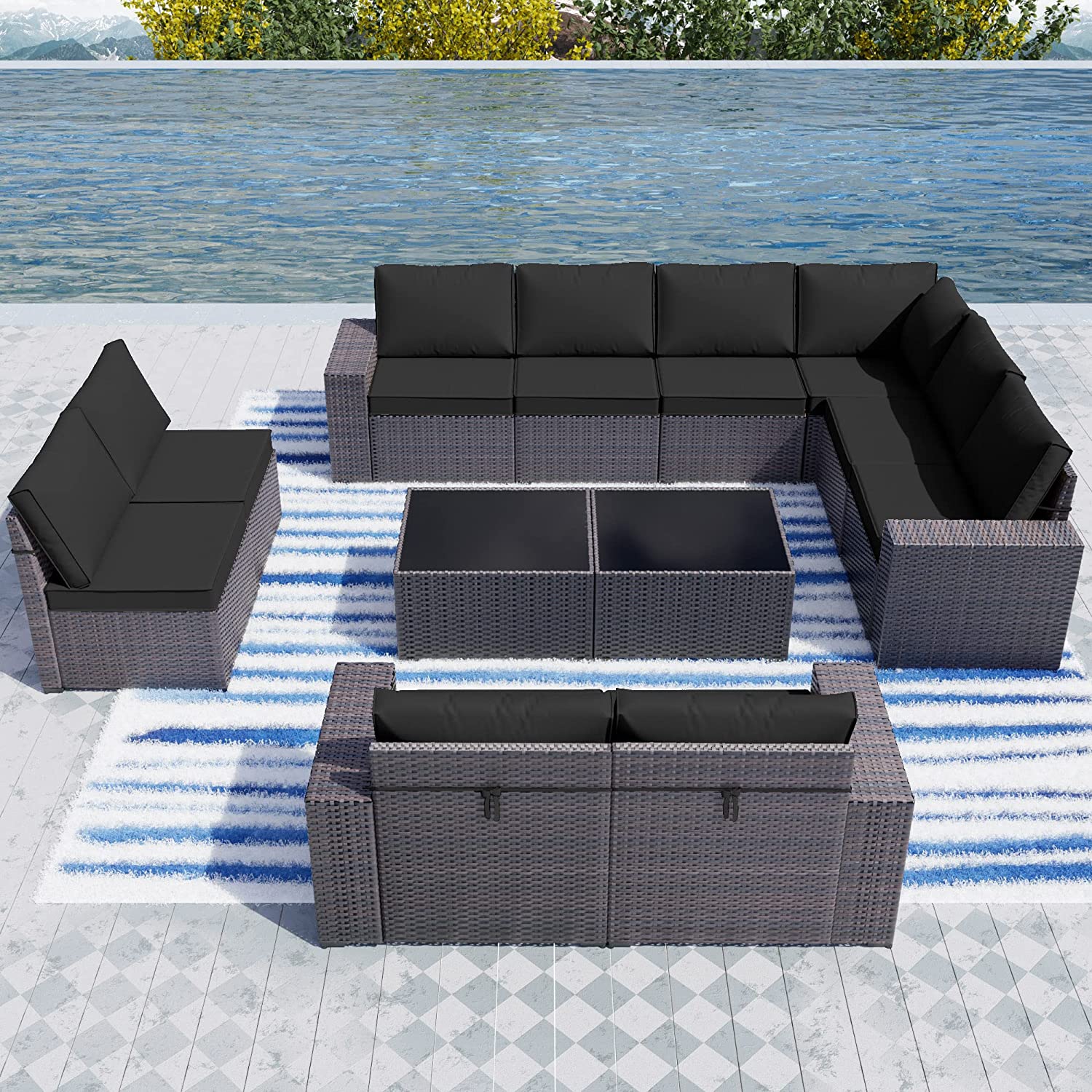 【Furniture】Outdoor Patio Furniture Set 12 Pcs Sectional Rattan Sofa Set Brown PE Wicker Patio Conversation Set
