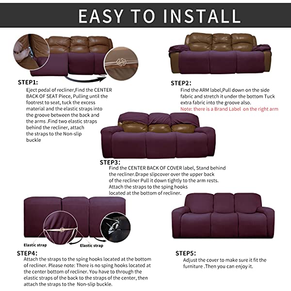 Easy-Going PU Leather Recliner Sofa Slipcovers, Waterproof Stretch Sofa Covers, 8 Pieces Stretch Furniture Protector, Elastic Strap Shield Pets Kids Children Cats Dogs Beige