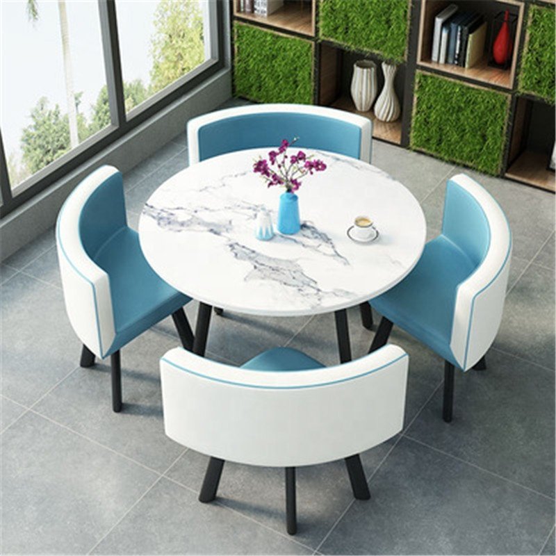 Small Round Wooden Dining Table Set with 4 Upholstered Chairs for Corner Balcony