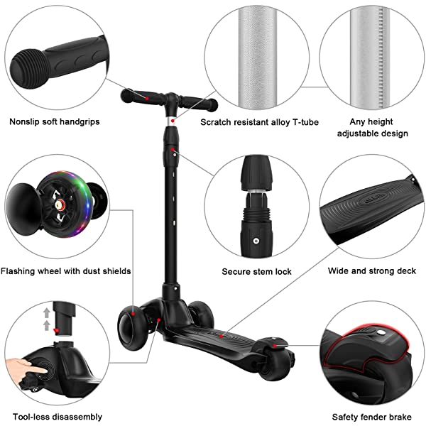 Allek Kick Scooter B03, Lean 'N Glide 3-Wheeled Push Scooter with Extra Wide PU Light-Up Wheels, Any Height Adjustable Handlebar and Strong Thick Deck for Children from 3-12yrs (Rose Pink)