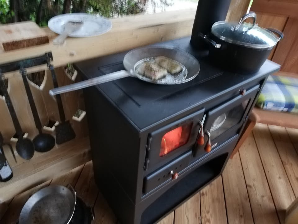 Wood-burning stove for solid fuel. 10 kW heat output. Oven.