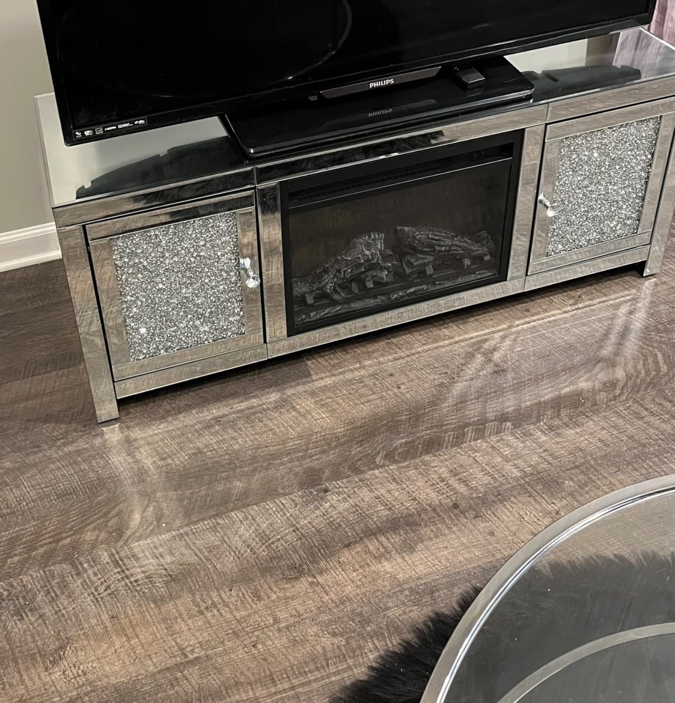 【Furniture】Mirrored Fireplace TV Stand, Mirrored Media Entertainment Center for TV up to 55 inch