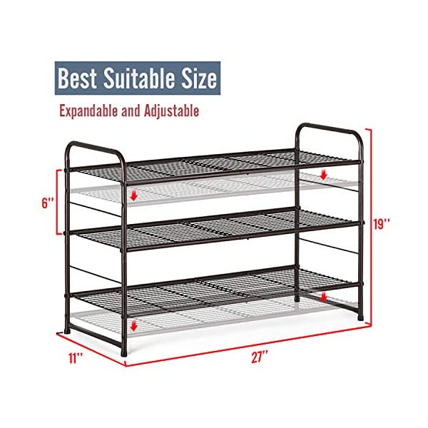 AULEDIO 3-Tier Shoe Rack, Stackable and Adjustable Multi-Function Wire Grid Shoe Organizer Storage, Extra Large Capacity, Space Saving, Fits Boots, High Heels, Slippers and More (Bronze) 3-Tier Bronze